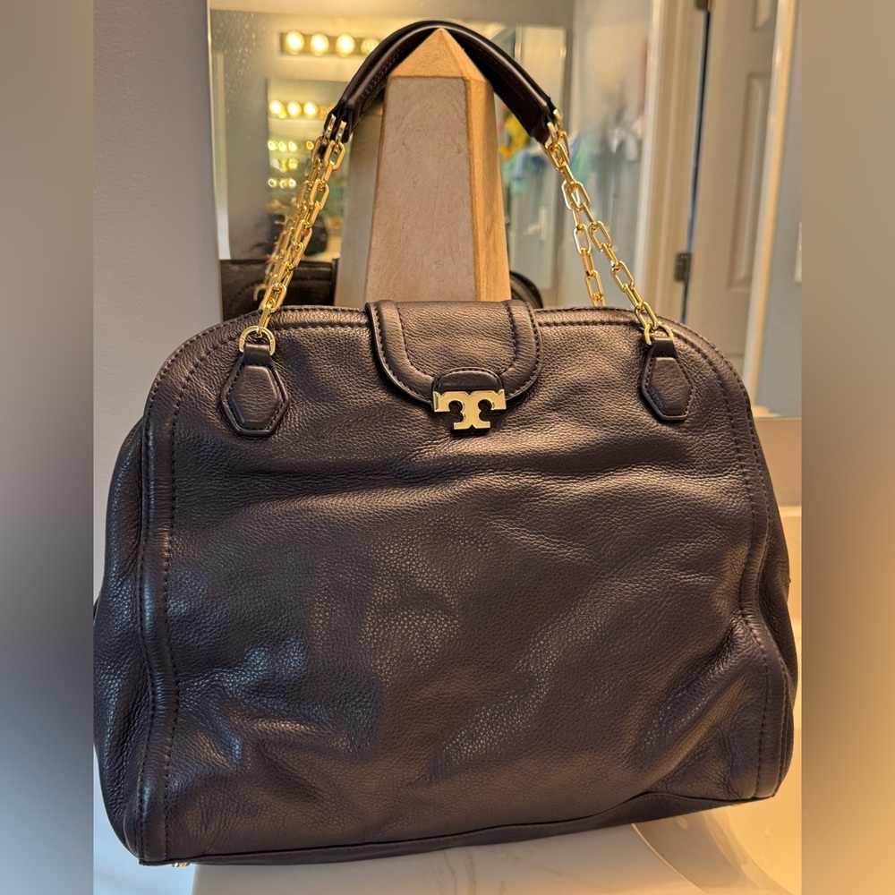 NWOT Tory Burch Sammy T Satchel Deep Navy Blue Pebbled Leather Gold Chain Strap